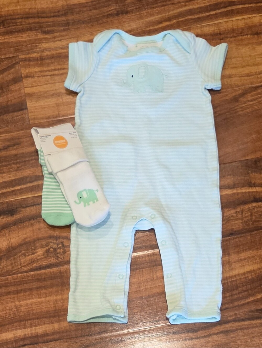 Gymboree NWT/GUC 6-12 Months Minto Green Striped Elephant Romper and Socks (2)